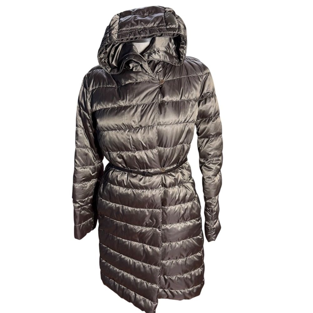S Max Mara Metallic Taupe Quilted Hooded Puffer Coat Belted Size 4 US 6 GB